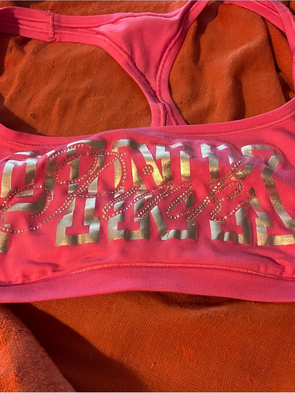 Victoria’s Secret Pink Sports Bra with Metallic Logo and Rhinestones